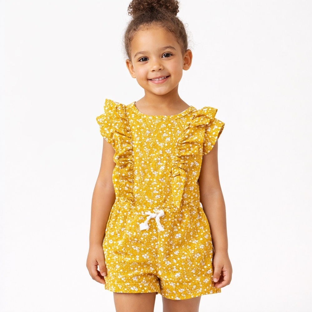 Charlotte Letter Mustard Floral Ruffle Romper – Toddler 4T